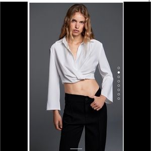 ZARA Pleated Cropped Shirt with Collar White